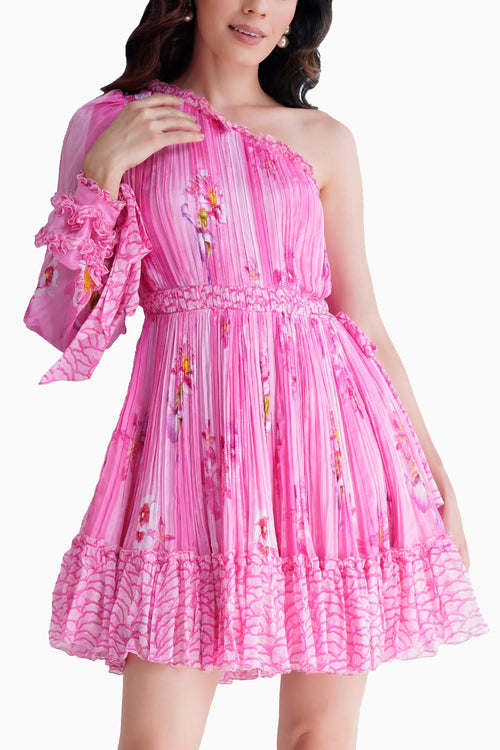 Pastoral Mist Printed Pleated One Shoulder Short Dress