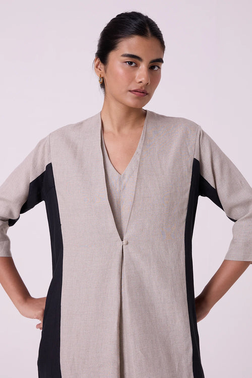 Kaku Beige Linen Panelled Midi Dress