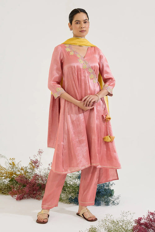 Carrot Floral Zari Tissue Angrakha Set