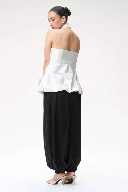 Ivory Halter Bubble Top with Black Silk Balloon Pants