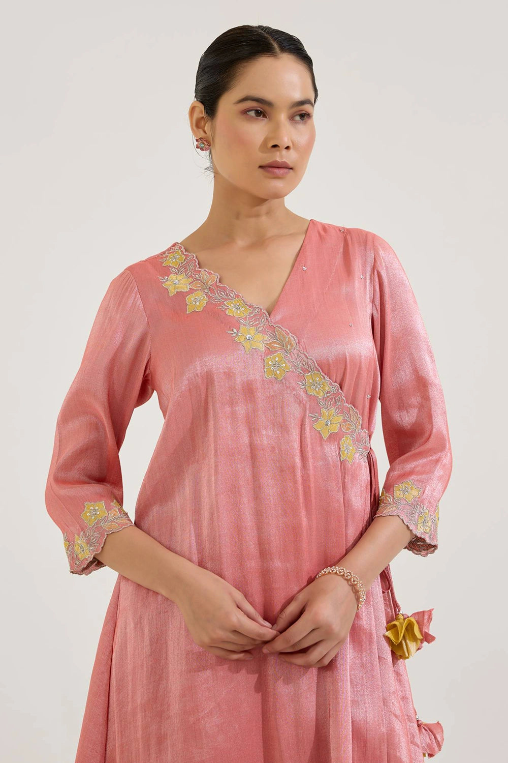 Carrot Floral Zari Tissue Angrakha And Pants Set