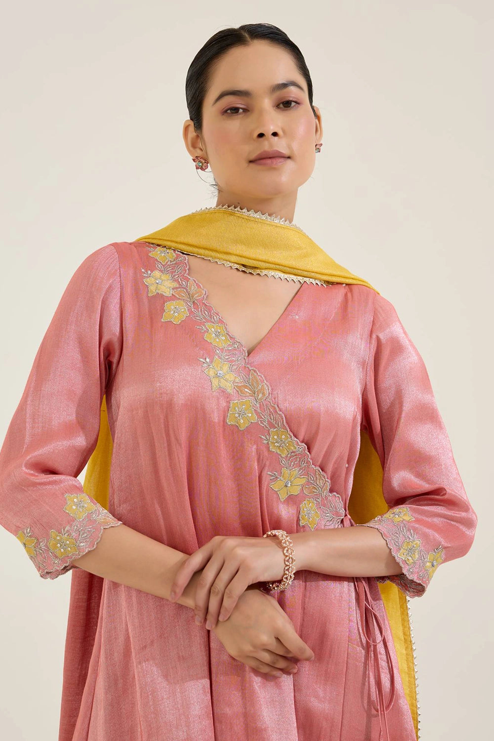 Carrot Floral Zari Tissue Angrakha Set