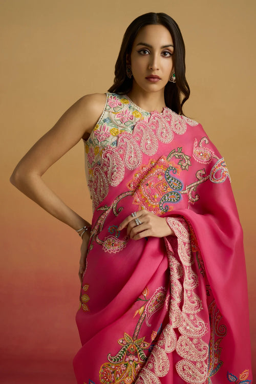 Ivory Scalloped Crop Top with Hot Pink Contrast Amaryllis Saree