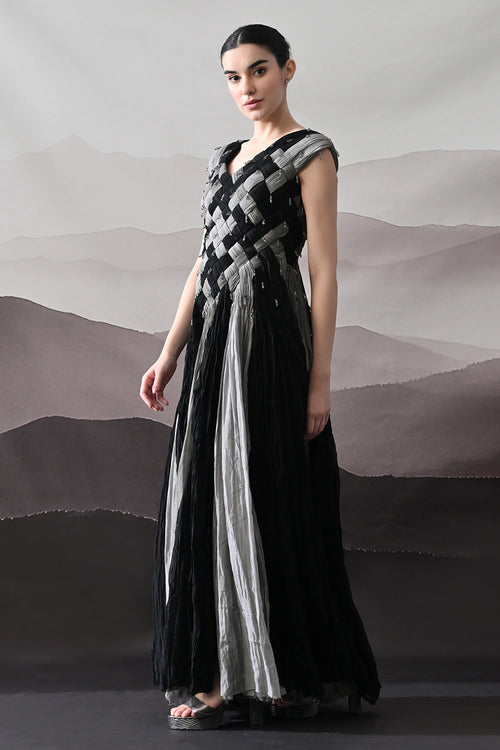 Black And Grey Woven Gown With Panelled Fall