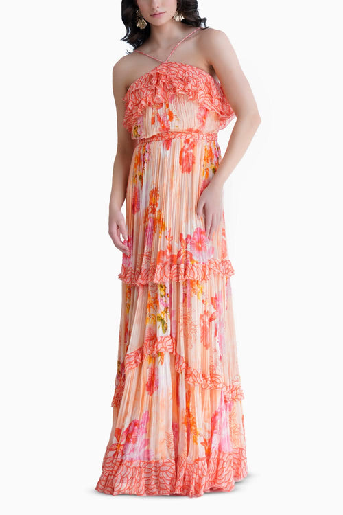 Pastoral Mist Printed Halter Neck Pleated Dress With Frill Detail