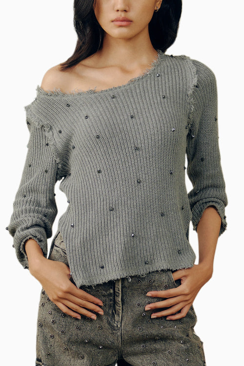 Grey Cotton Studded Sweater