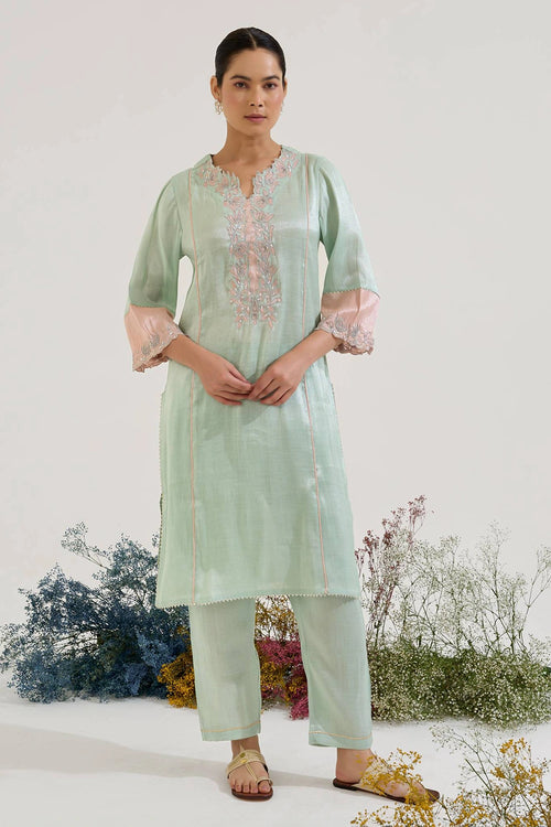 Mint Lotus Applique Tissue Kurta And Pants Set