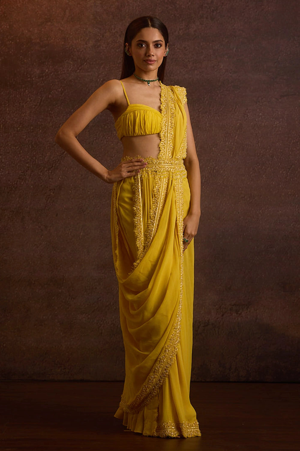 Dhara Yellow Pre Draped Saree Set