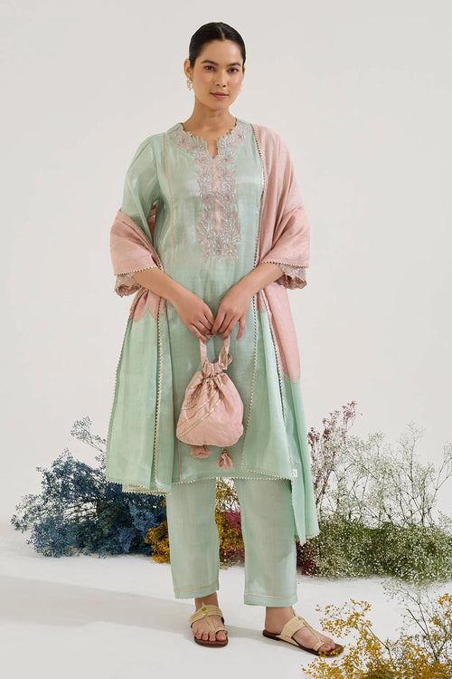 Mint Lotus Applique Tissue Kurta Set