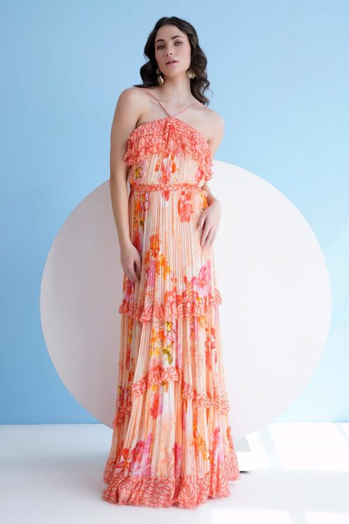 Pastoral Mist Printed Halter Neck Pleated Dress With Frill Detail