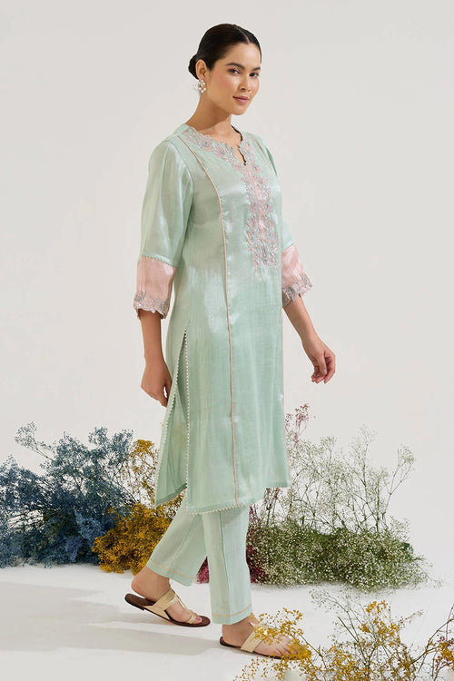 Mint Lotus Applique Tissue Kurta And Pants Set