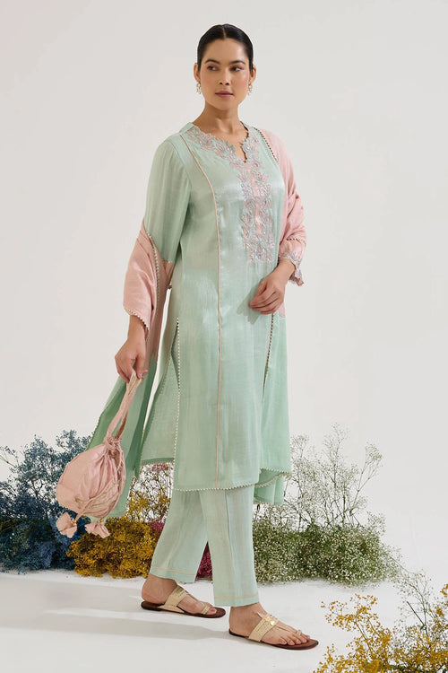 Mint Lotus Applique Tissue Kurta Set