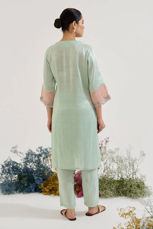 Mint Lotus Applique Tissue Kurta Set