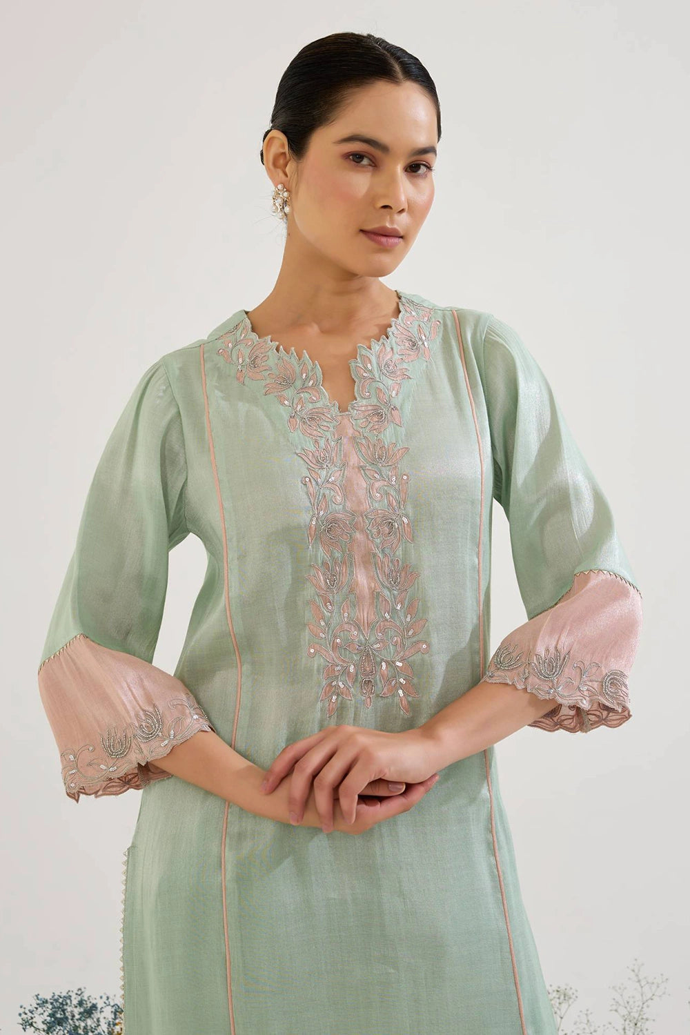 Mint Lotus Applique Tissue Kurta And Pants Set