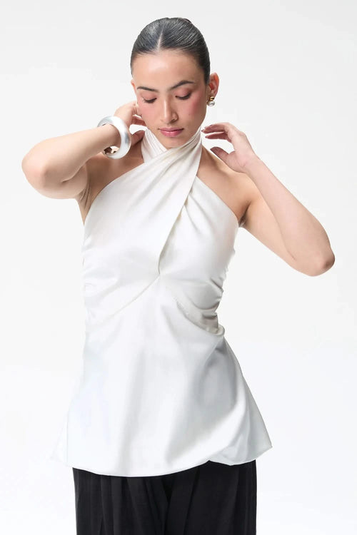 Ivory Halter Bubble Top with Black Silk Balloon Pants