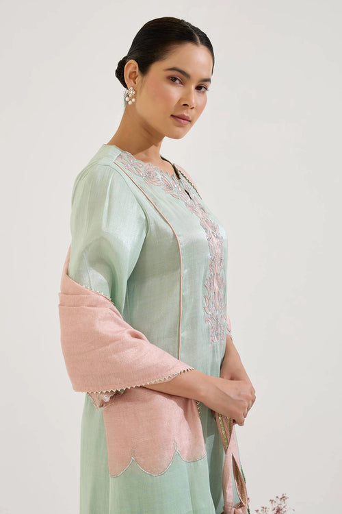 Mint Lotus Applique Tissue Kurta Set
