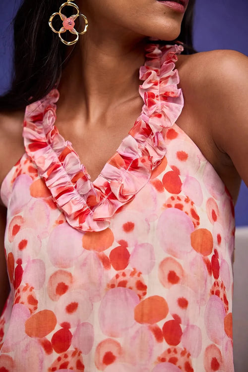 Red Aquarelle Print Halter Neck Top With Red Aquarelle Flared Pants