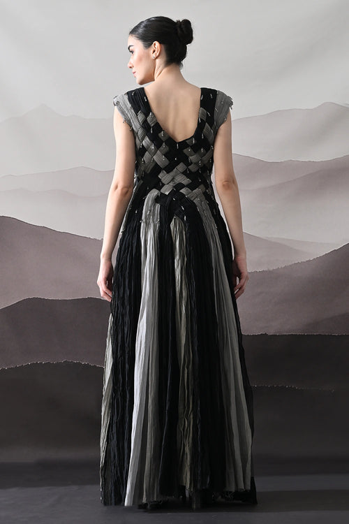 Black And Grey Woven Gown With Panelled Fall