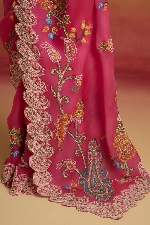 Hot Pink Contrast Cordwork Amaryllis Saree