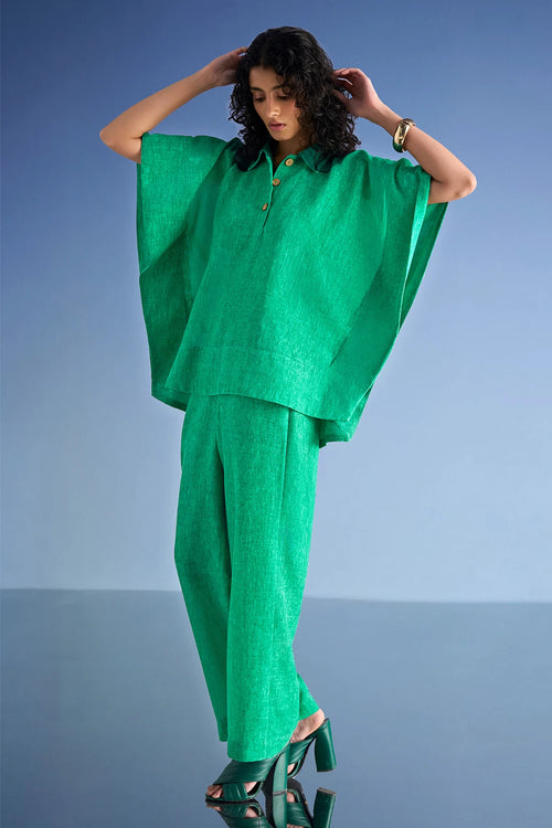 Linen-Textured Kaftan Top and Straight-Cut Pant Set