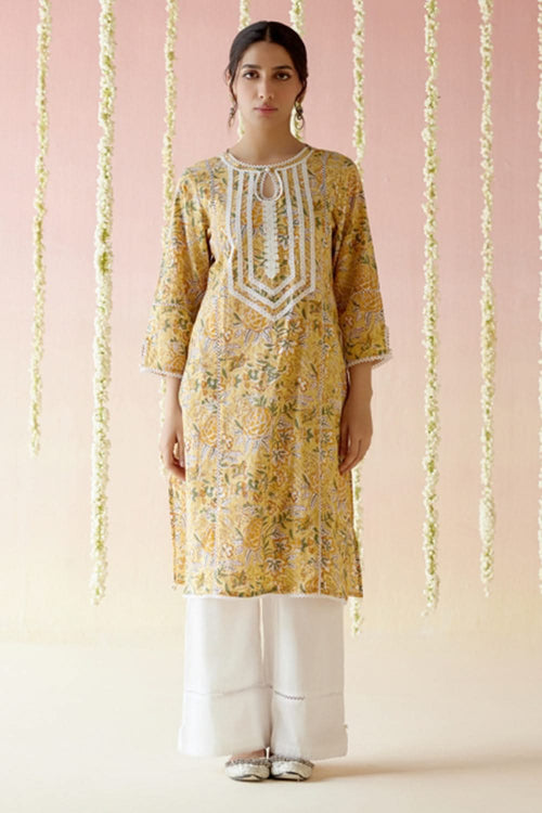 Sunflower Yellow Floral Chintz Kurta with Wide Leg Pants