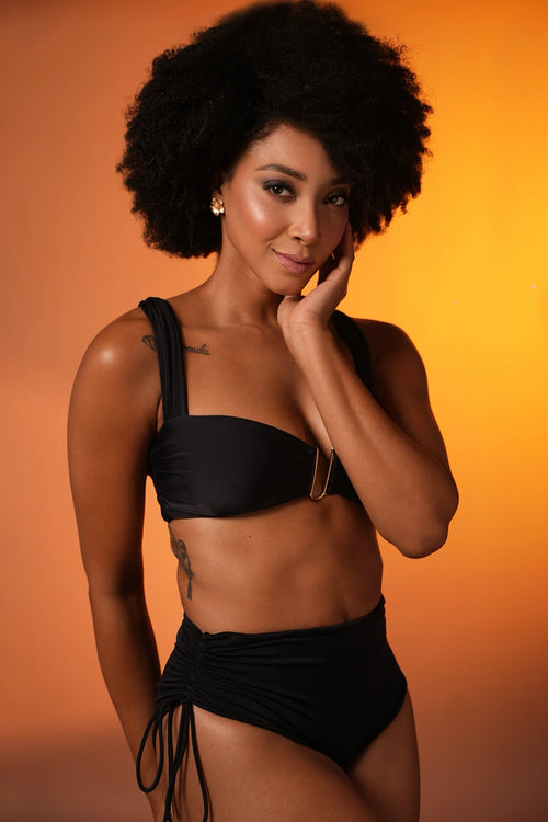 Black Ruched Bikini with High-Waist Bottoms