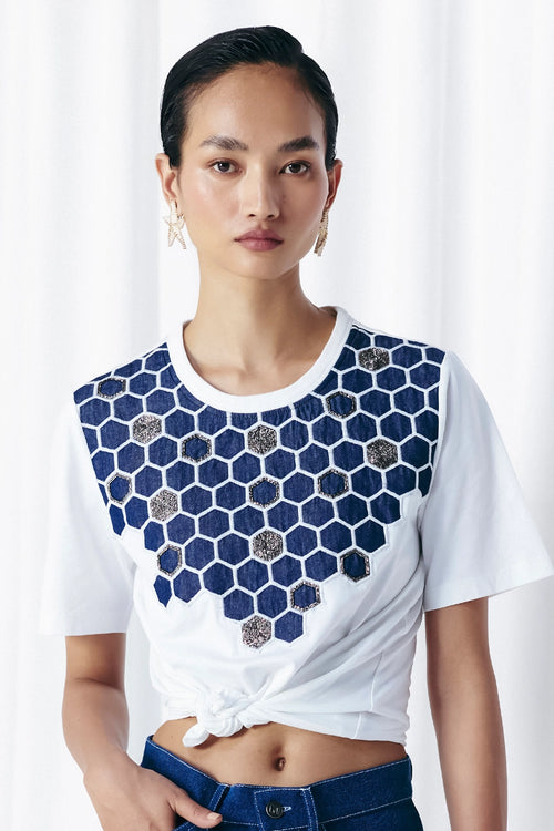 White Honycomb Embellished T-Shirt