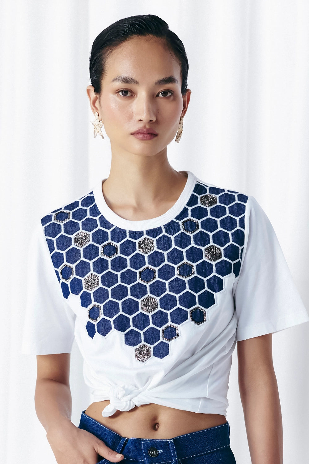 White Honycomb Embellished T-Shirt