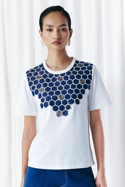 White Honycomb Embellished T-Shirt