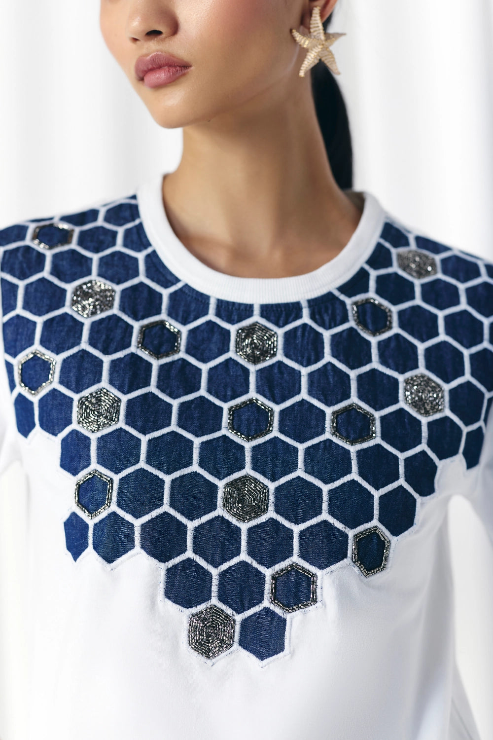 White Honycomb Embellished T-Shirt