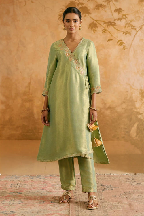 Aqua Zari Tissue Angrakha With Pants