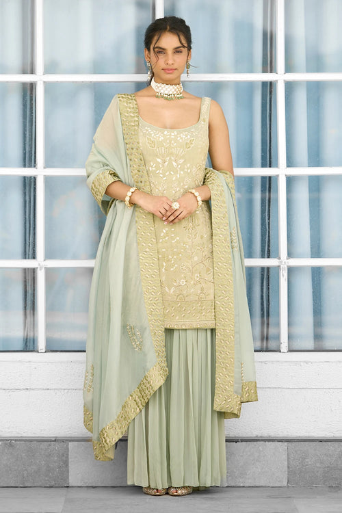 Moss Mirage Hand Embellished Kurta Sharara Dupatta Set