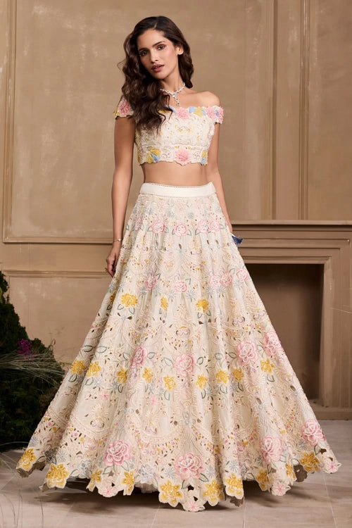 Ivory Pastel Cutwork And Beadwork Lehenga Set