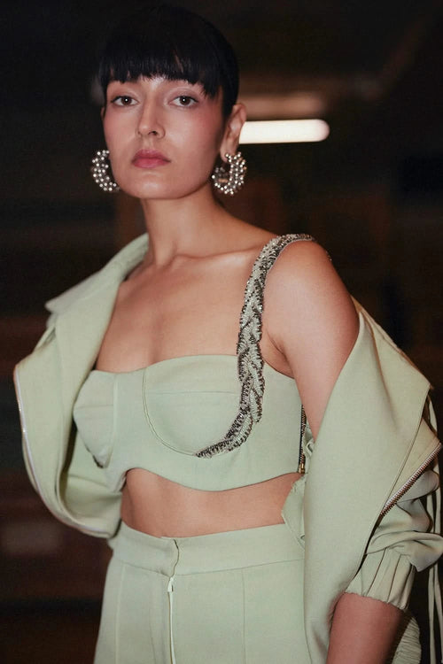 Sage Green Embellished Bralette and Bomber Trench Coat with Cigarette Pants