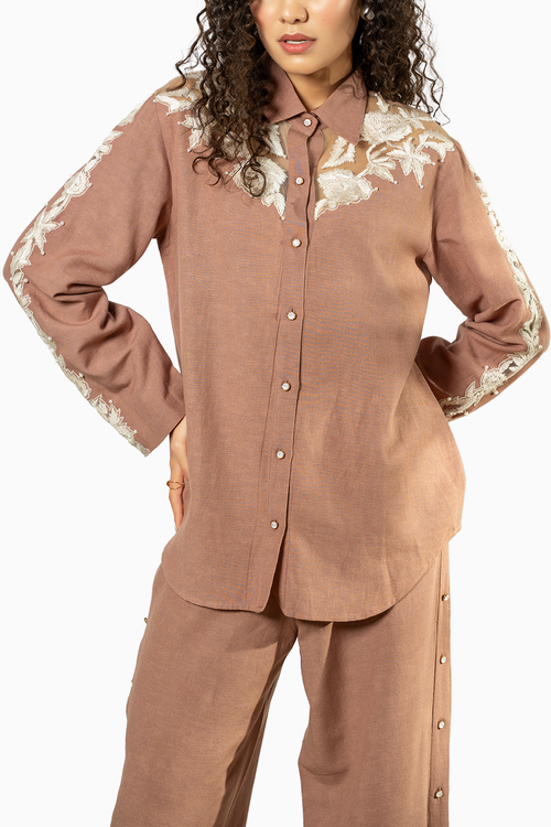 Salmon Color Linen Set With White Floral Emberoidery