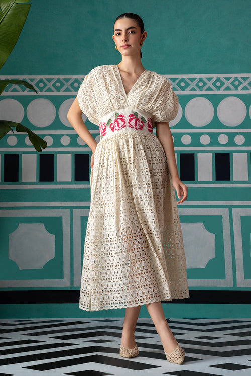 Creme Enchanted Embroidered Broderie Midi Dress