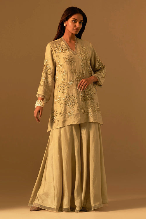 Shell Floral Embroidered Silk Sharara Set