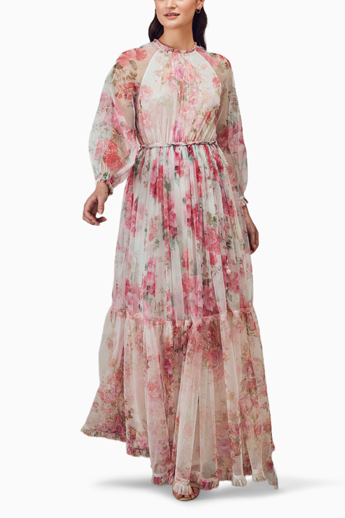 Net Long Printed Dress With Fabric Braided Belt