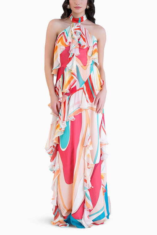Red Surge Long Dress With Halter Neckline