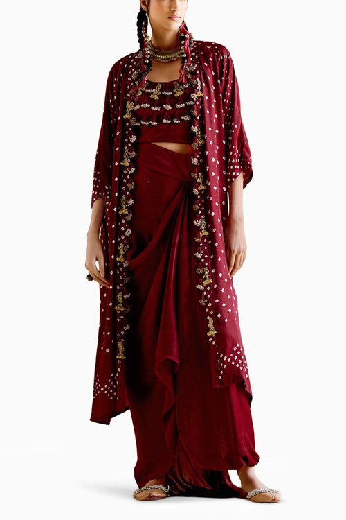 Malini Maroon Bandhini Jacket with Blouse and Skirt