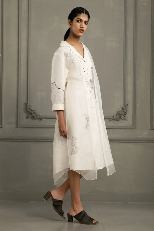 Ivory Block Print Linen And Organza Layered Dress