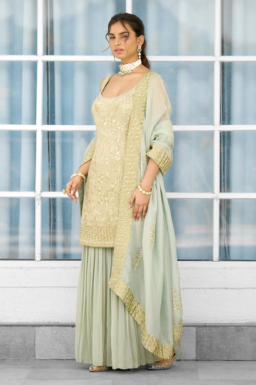 Moss Mirage Hand Embellished Kurta Sharara Dupatta Set