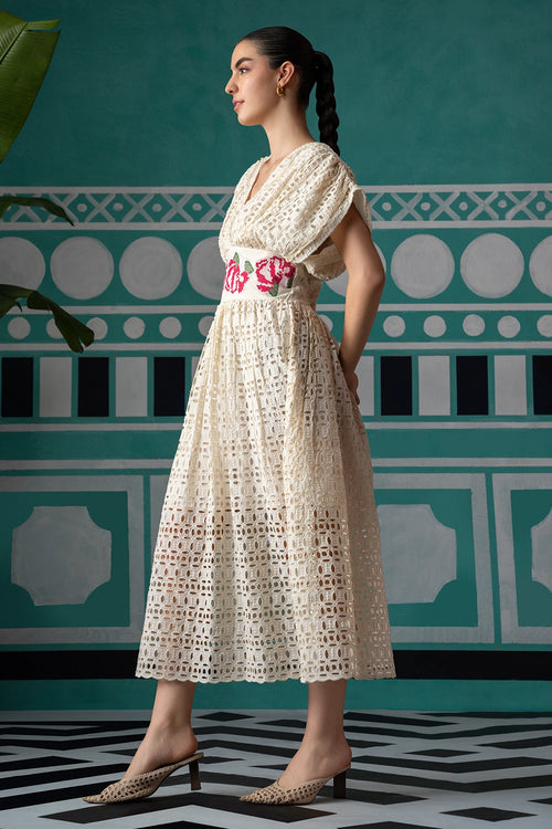 Creme Enchanted Embroidered Broderie Midi Dress