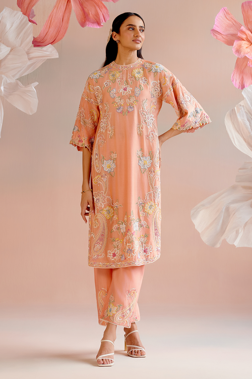 Apricot Contrast Emboidered Kurta with Pant