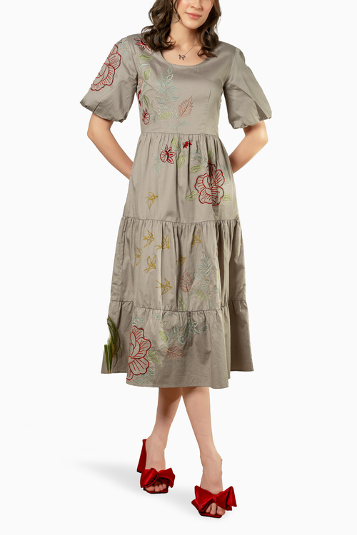 Grey Cotton Poplin Dress With Flower Dress