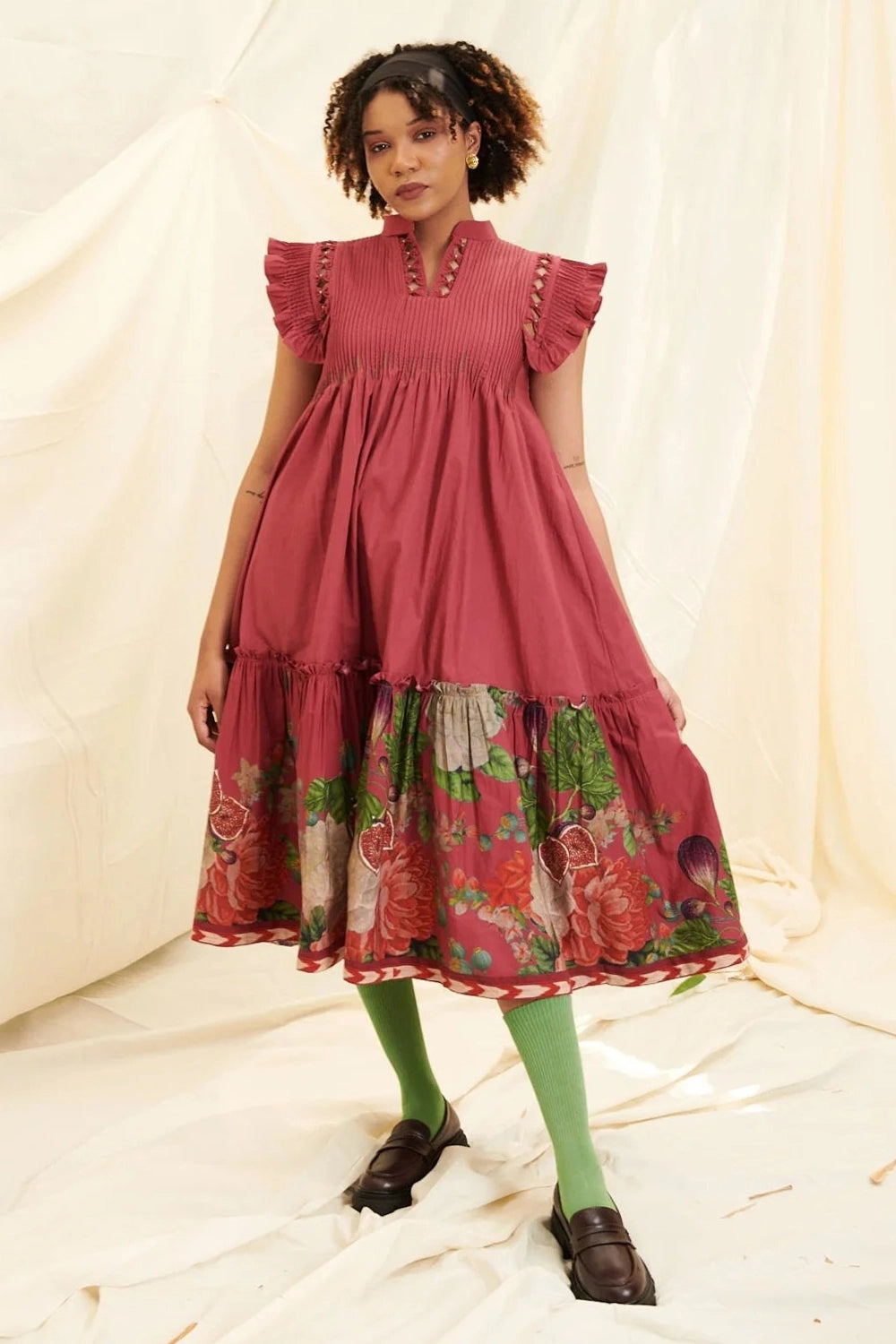 Maroon Poppy Bloom Smocking With Cap Sleeves