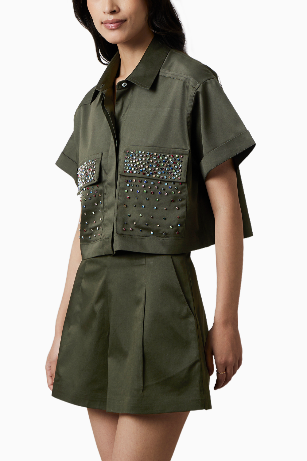 Olive Multicolor Swarovski Studs Shorts Co-ord Set