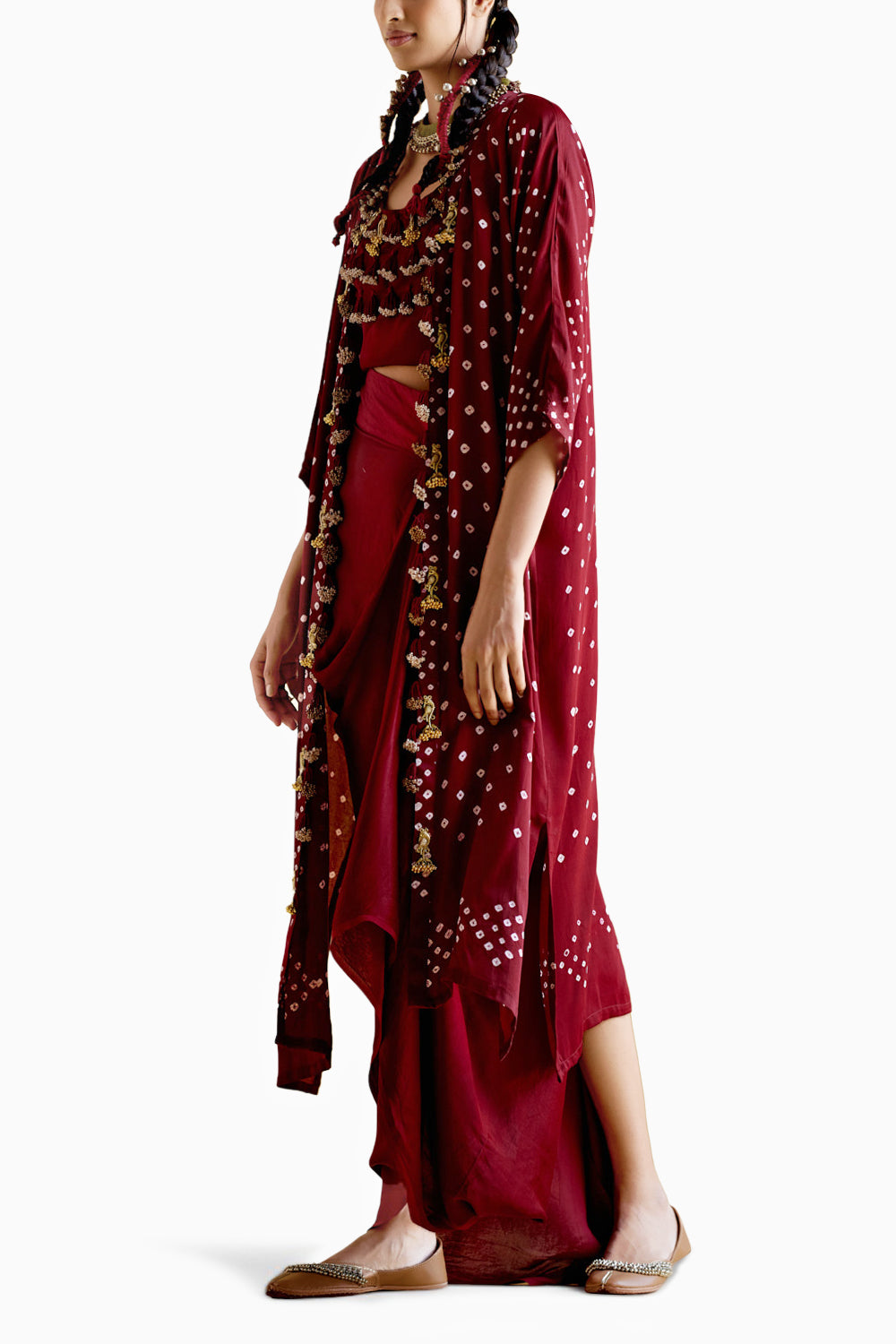 Malini Maroon Bandhini Jacket with Blouse and Skirt