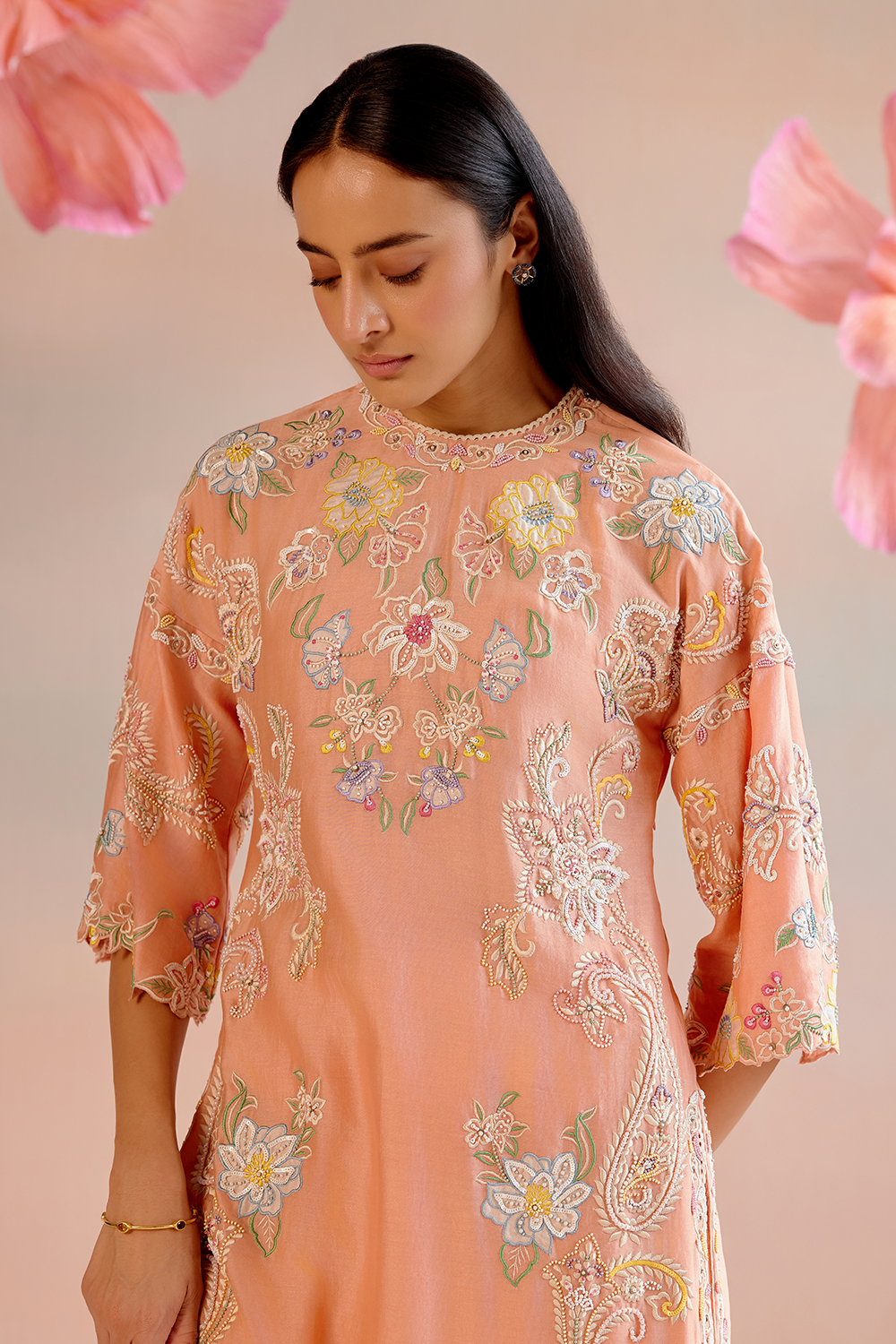 Apricot Contrast Emboidered Kurta with Pant