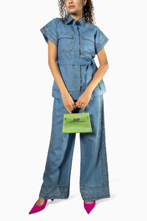 Blue Denim Denim Set With Hand Work